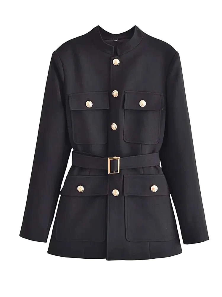 Ashoreshop-Ashoreshop-Woman 2023 Gold Button Long Blazer Coats With Belt Autumn Winter Blazers Suit Jacket-1