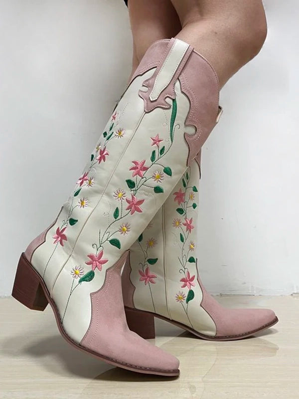 Ashoreshop-Cowgirl-Boots-Pink-Flower-Embroidered-Knee-Shoes-For-Women-Mid-Calf-Western-Botas-Cowboy-a