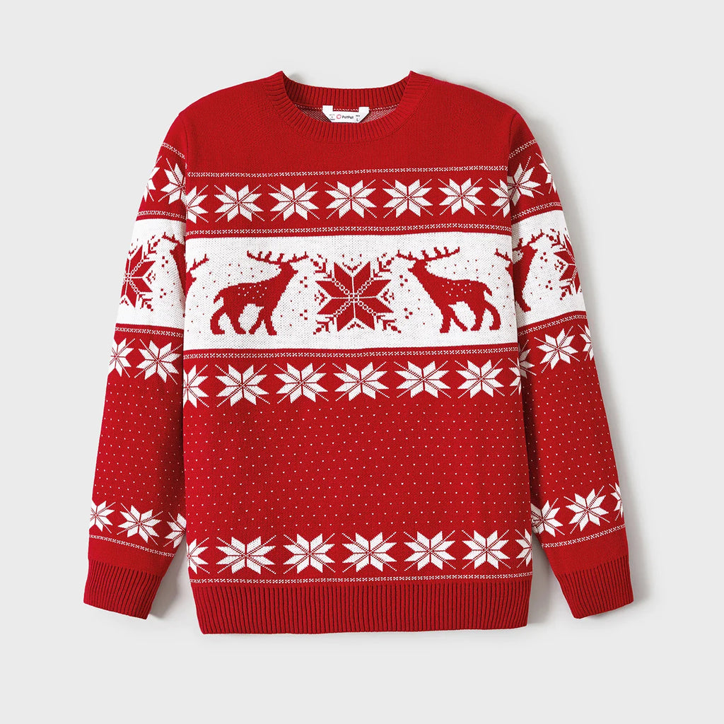 Ashoreshop-Family Christmas Sweater Matching Deer and Snowflake Long-sleeve Knitted Sweater-1