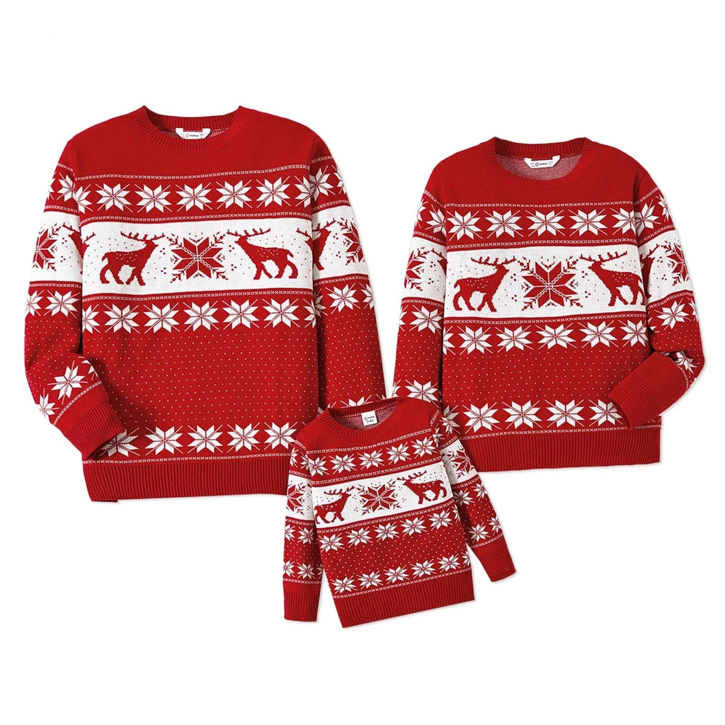 Ashoreshop-Family Christmas Sweater Matching Deer and Snowflake Long-sleeve Knitted Sweater