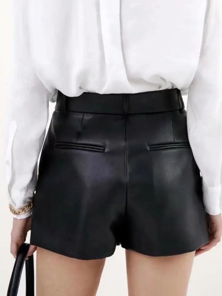 Ashoreshop-Faux-Leather-Shorts-High-Waist-Side-Pockets-Vintage-Zipper-Fly-Female