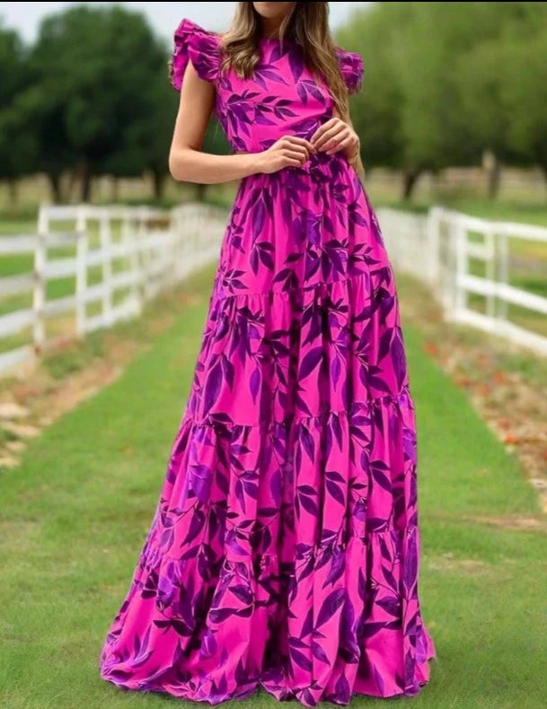 Ashoreshop-Maxi Dress 2024 Women Elegant Printed Ruffled Short Sleeve Round Neck Backless Lace Up Nipped Waist Slim Long Dresses