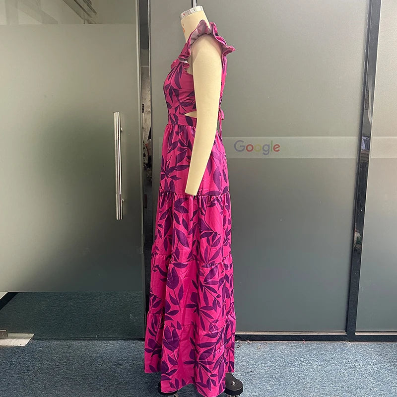 Ashoreshop-Maxi Dress 2024 Women Elegant Printed Ruffled Short Sleeve Round Neck Backless Lace Up Nipped Waist Slim Long Dresse6