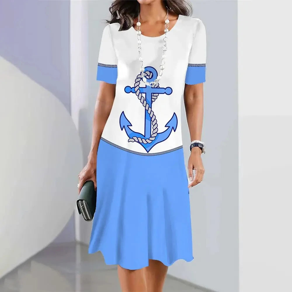 Ashoreshop-New-Women-Dresses-3d-Anchor-Printed-Short-Sleeve-Elegant-Loose-A-Line-Skirt-Summer-2