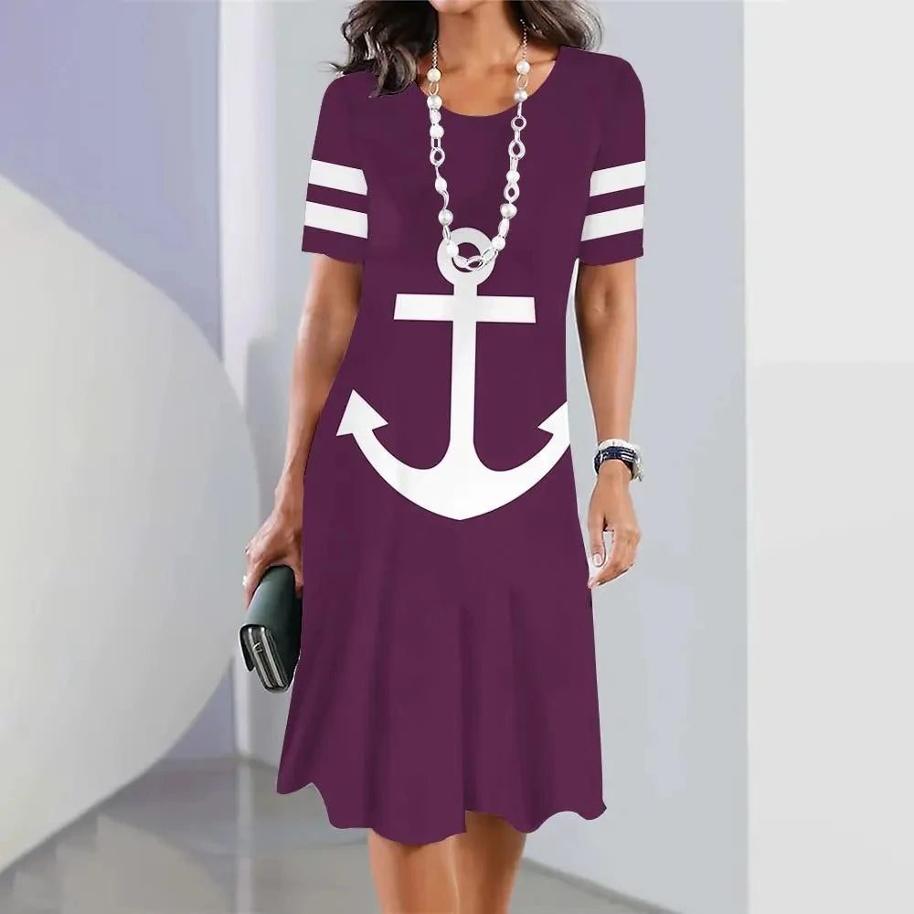 Ashoreshop-New-Women-Dresses-3d-Anchor-Printed-Short-Sleeve-Elegant-Loose-A-Line-Skirt-Summer-3