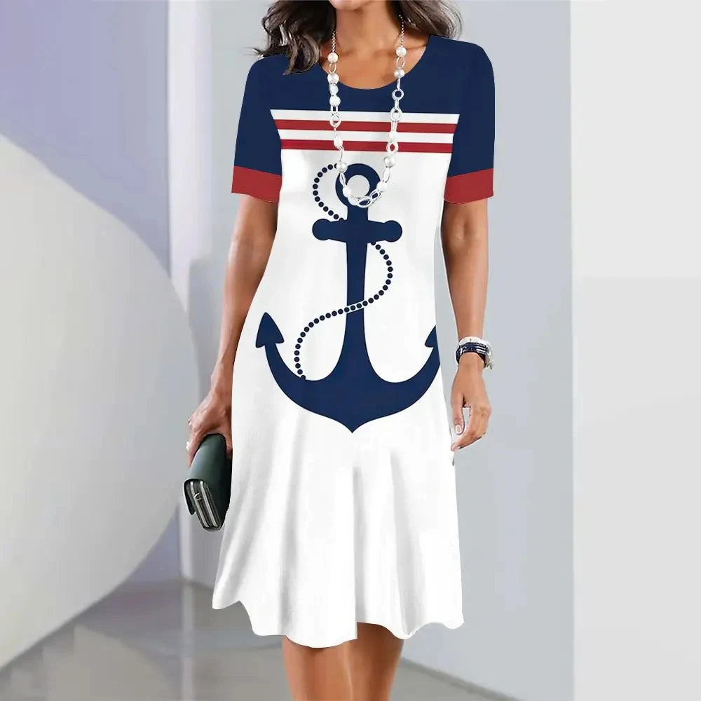 Ashoreshop-New-Women-Dresses-3d-Anchor-Printed-Short-Sleeve-Elegant-Loose-A-Line-Skirt-Summer-4