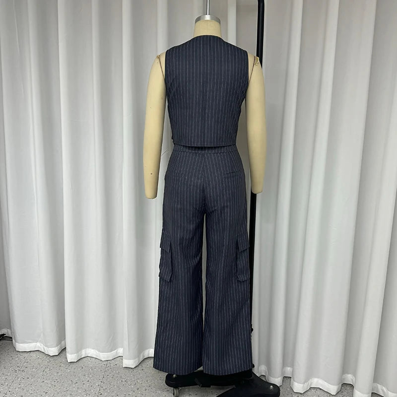 Ashoreshop-Office-2-Piece-Set-Women-Sleeveless-Striped-Printed-V-Neck-Irregular-Single-Breasted-Vest