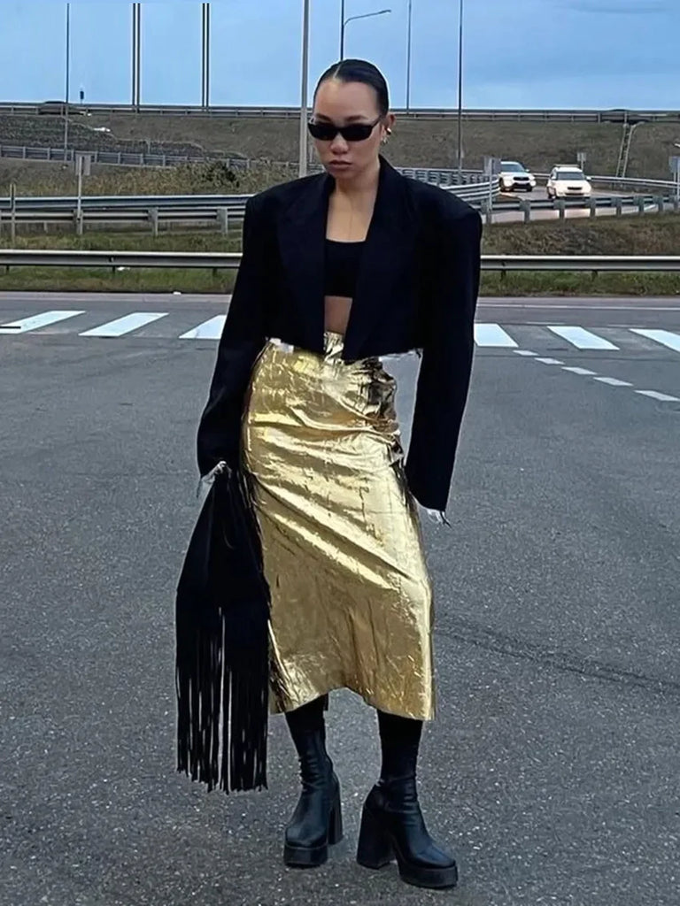Ashoreshop-Slim Crushed Gold Women's Skirt Elegant Chic High Waist Midi Skirts-1