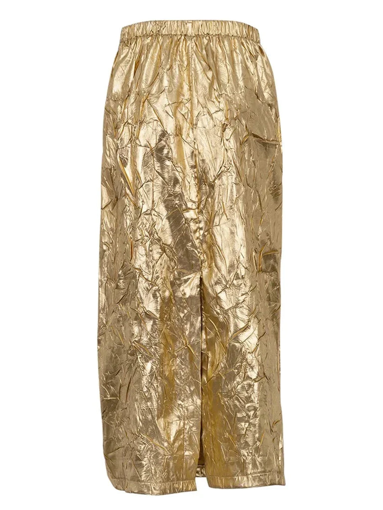 Ashoreshop-Slim Crushed Gold Women's Skirt Elegant Chic High Waist Midi Skirts-3