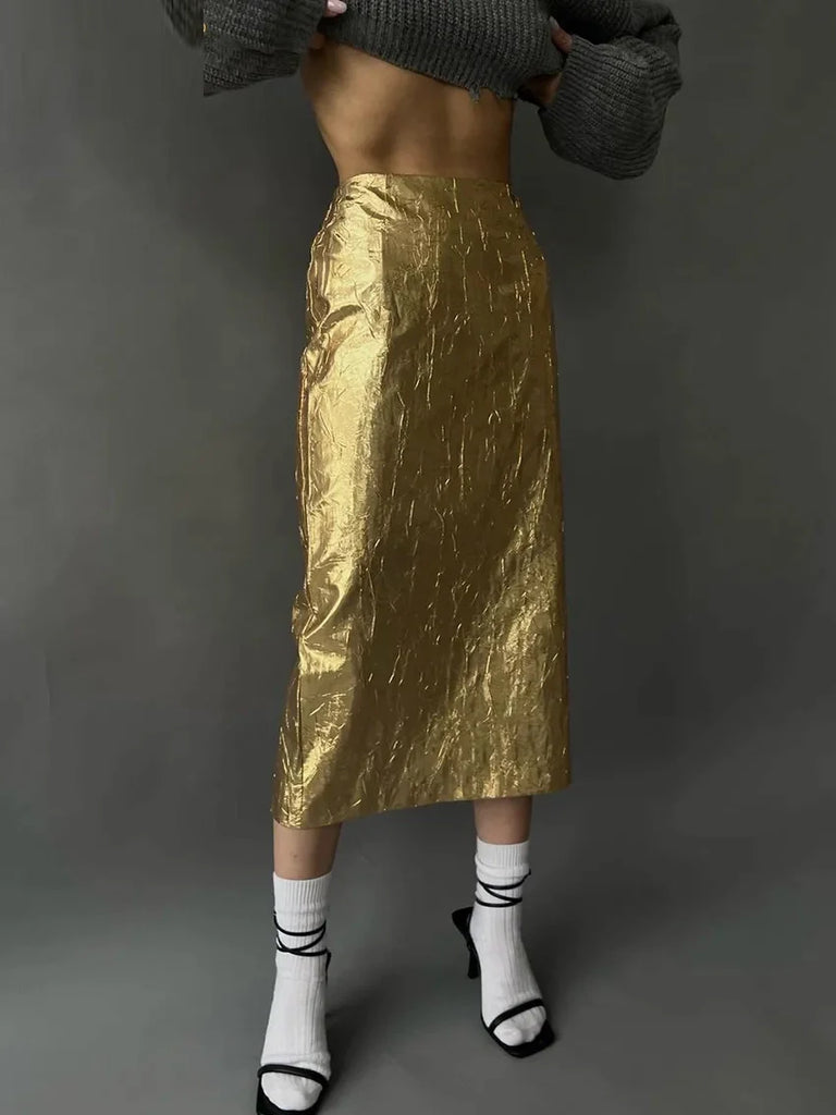 Ashoreshop-Slim Crushed Gold Women's Skirt Elegant Chic High Waist Midi Skirts-6