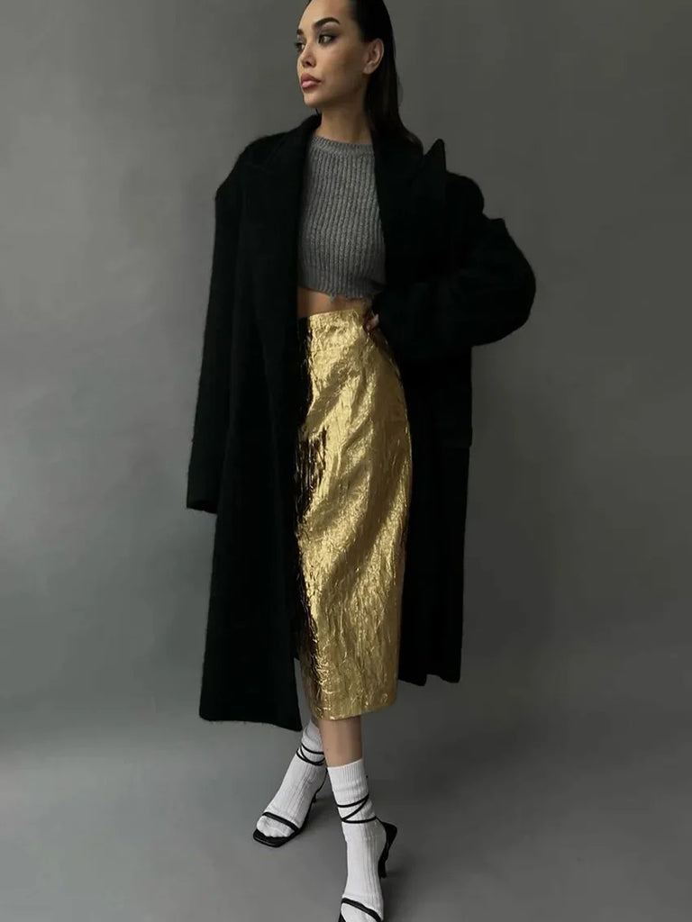 Ashoreshop-Slim Crushed Gold Women's Skirt Elegant Chic High Waist Midi Skirts