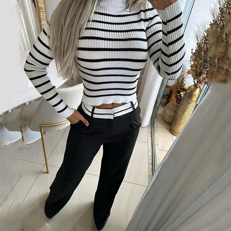 Ashoreshop-Women Two Piece Set Winter Office Casual Striped Printed Crew Long Sleeve Slim Sweater Top Loose With Pockets Pants Sets1