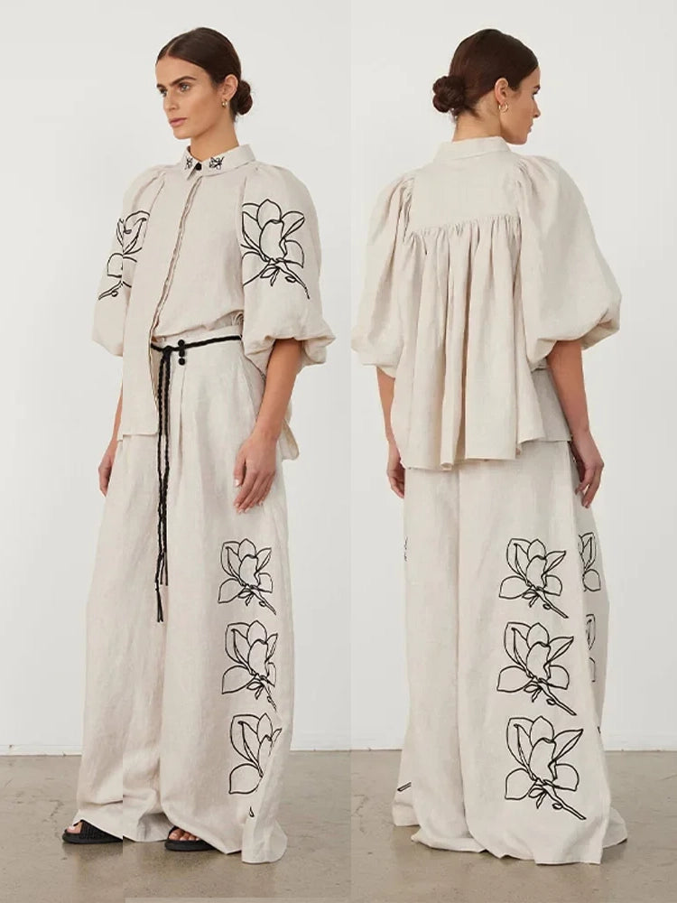 Ashoreshop-Womens Vacation Outfit Sets Embroidery Print Cotton Linen Women's Suit-1