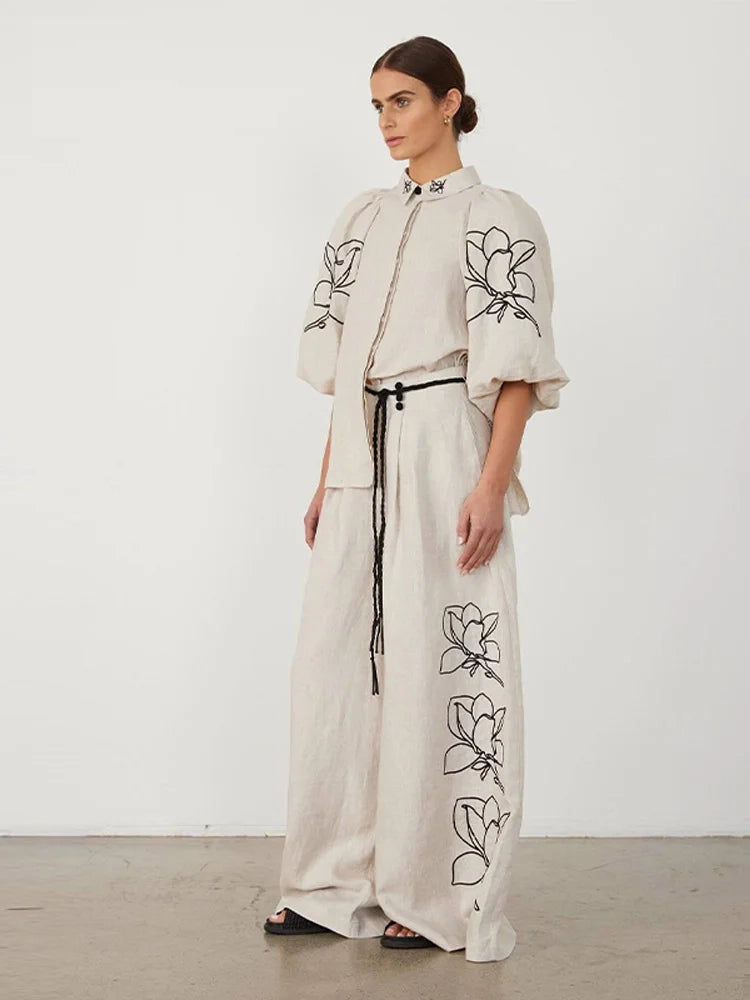 Ashoreshop-Womens Vacation Outfit Sets Embroidery Print Cotton Linen Women's Suit-2