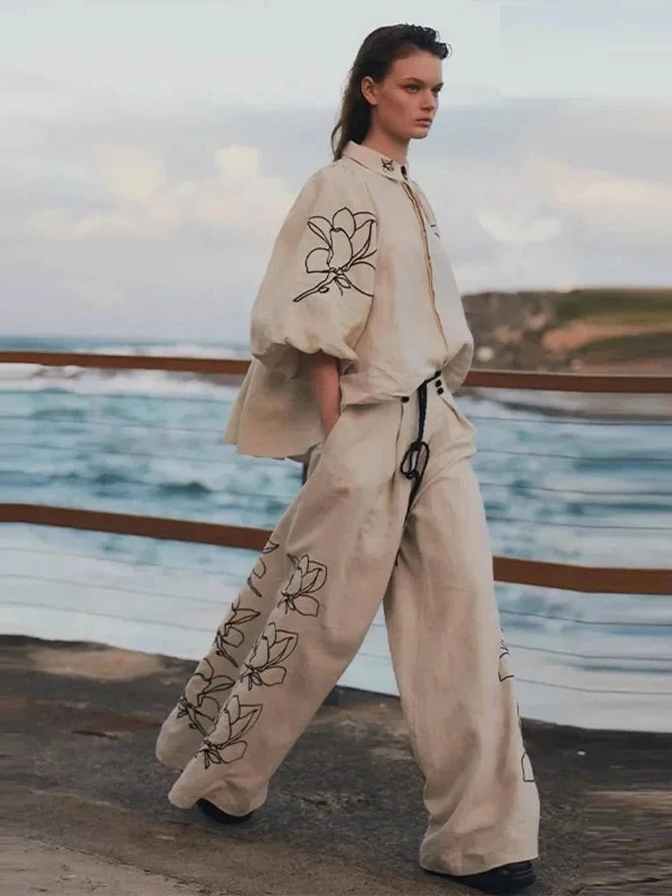 Ashoreshop-Womens Vacation Outfit Sets Embroidery Print Cotton Linen Women's Suit-3