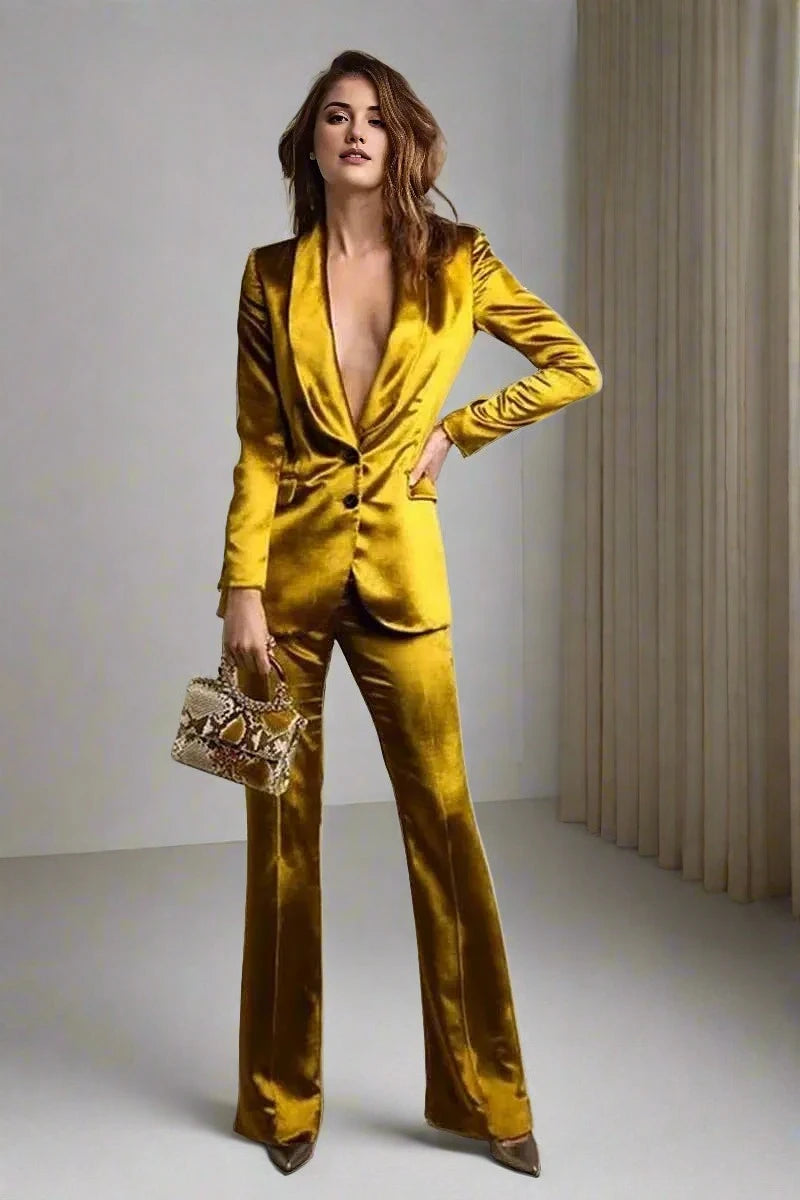 Satin Women Suit Set Blazer Pants 2 Pieces Formal Yellow Wedding Tuxed ASHORE SHOP