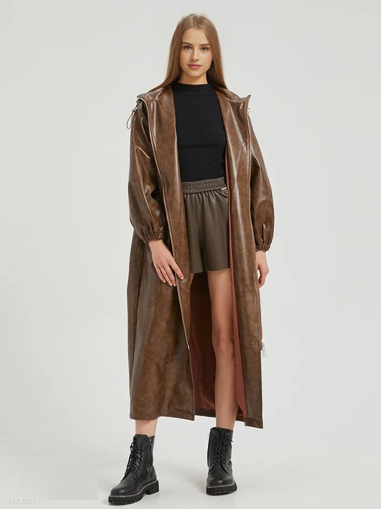 City Commuter PU Leather Midi Trench Coat Rain Coats ASHORE SHOP