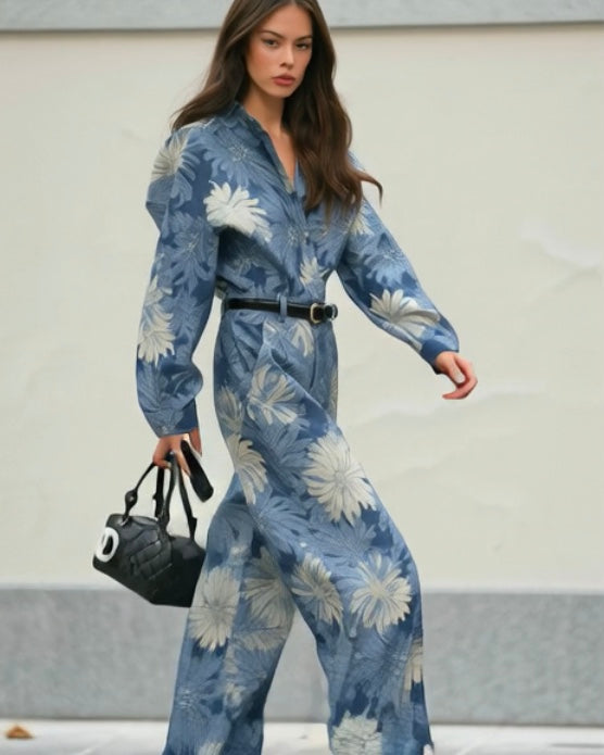 ASHORE® Denim Jacquard Flower Modern One Piece Designer Jumpsuits