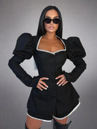 Bodycon Black Cotton Lace Spliced Shorts Sets For Women-1