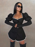 Bodycon Black Cotton Lace Spliced Shorts Sets For Women