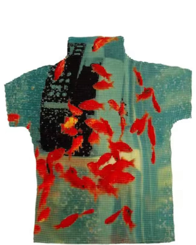 Ashore Ripple Stretch color block printting pleated t-shirt for women summer