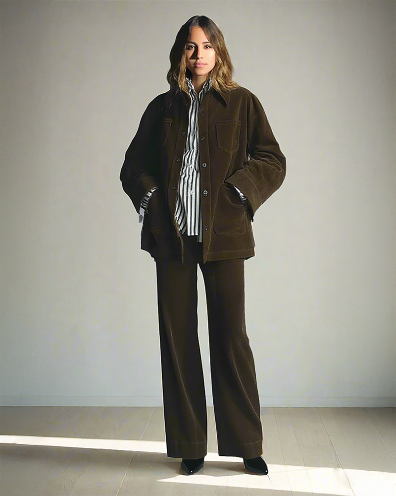 Retro olive oversized corduroy shirt and matching pant two-piece outfit set