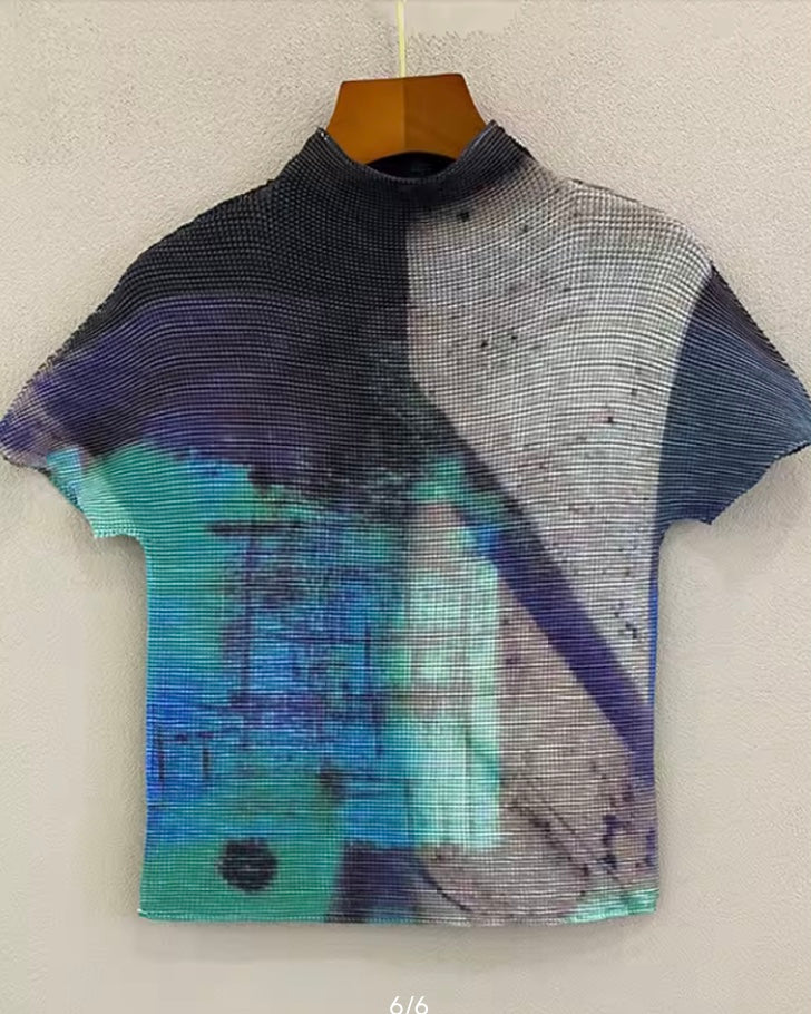 Ashore Ripple Stretch color block printting pleated t-shirt for women summer