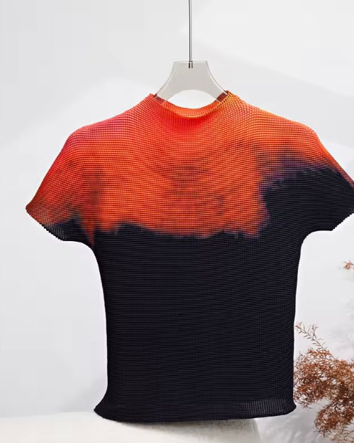 Ashore Ripple Stretch color block printting pleated t-shirt for women summer