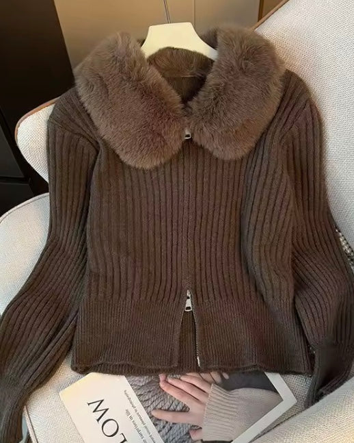 Y2K Aesthetic Fluffy Fur Trim Collar Women Sweaters Jacket Furry 90s Vintage Zipper Coat Knitting Cardigans Knitwear