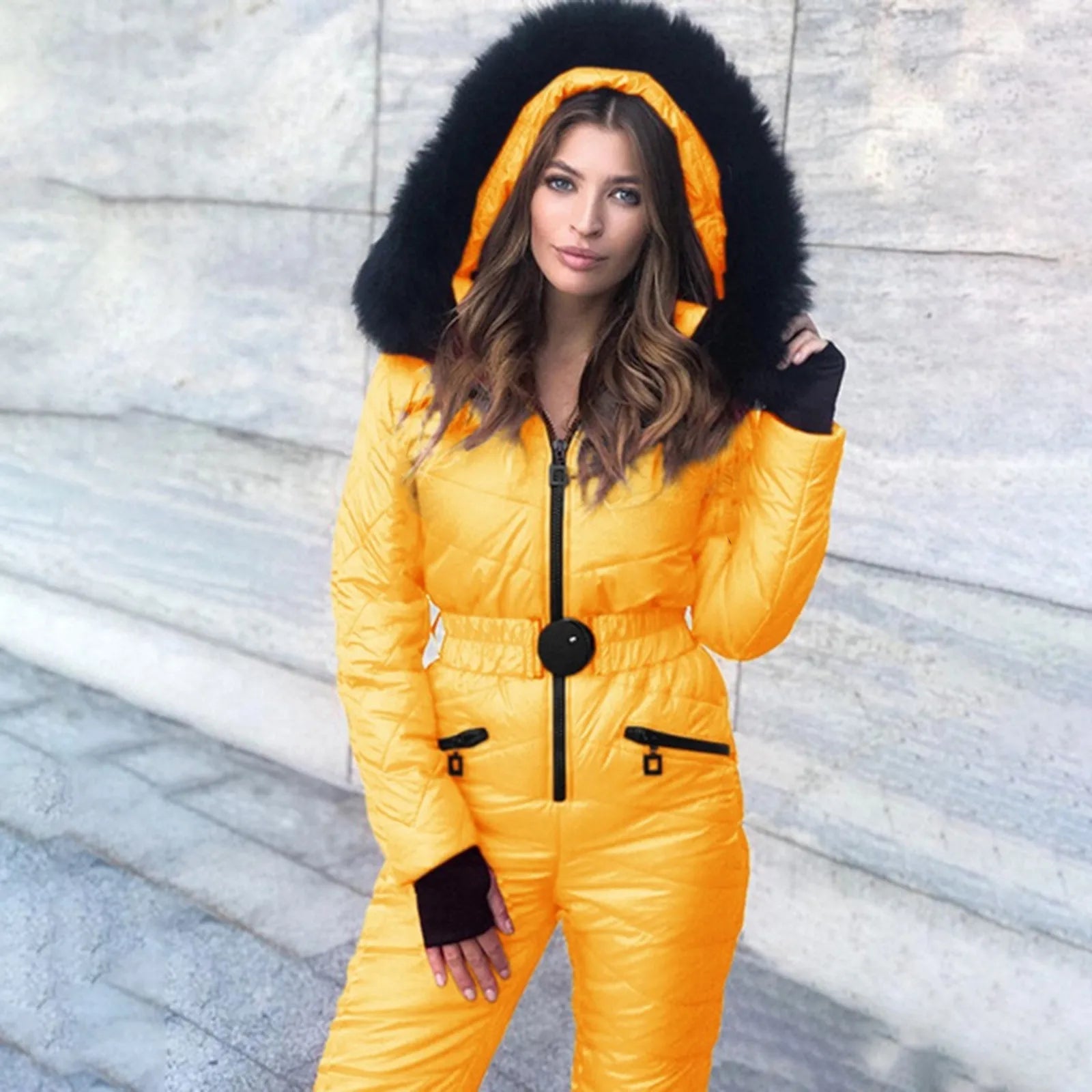 Fur Hooded Ski Jumpsuit Women Elastic Waisted Coat Long Sleeve Outerwear