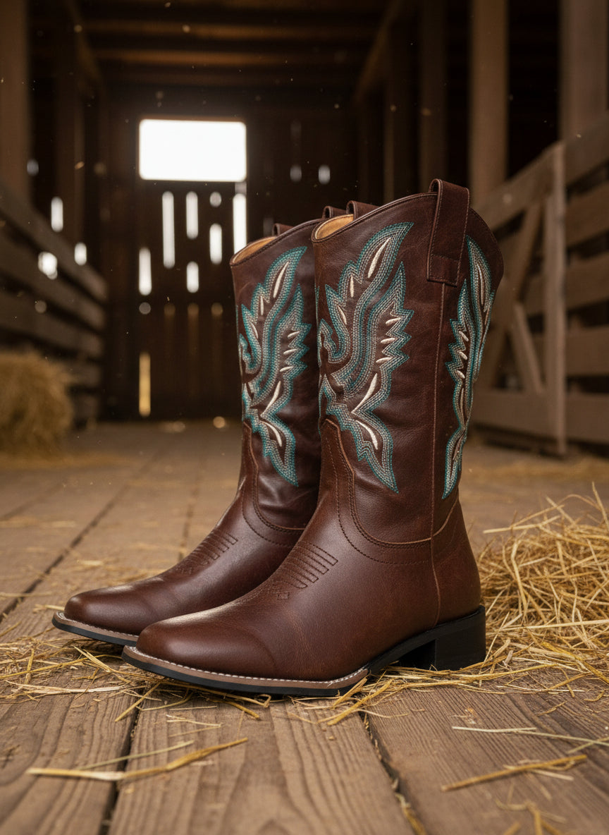 Western Embroidery Cowgirl Boots Low Heel Slip On Boots