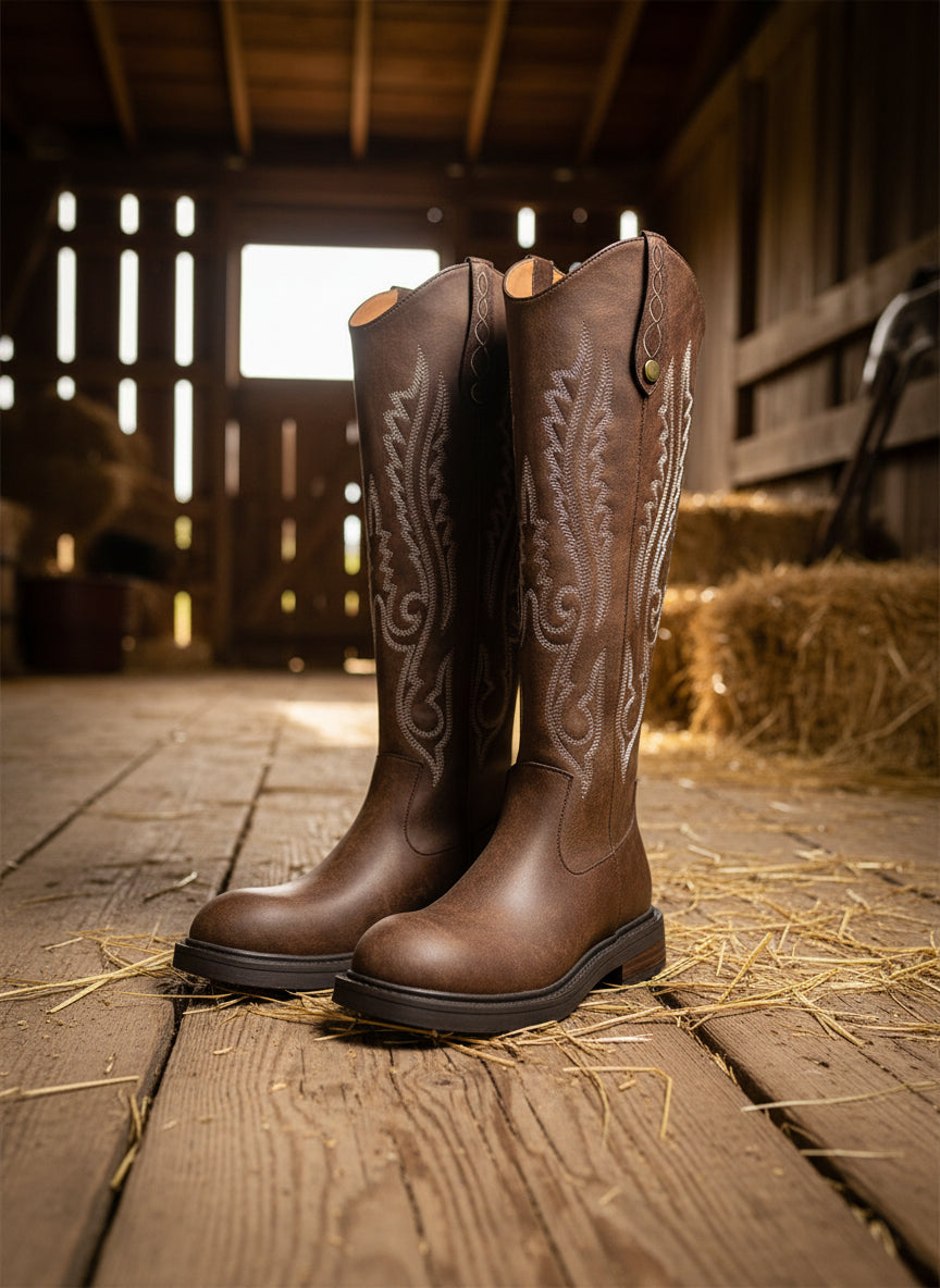Western Embroidery Cowgirl Boots Low Heel Slip On Flat Boots