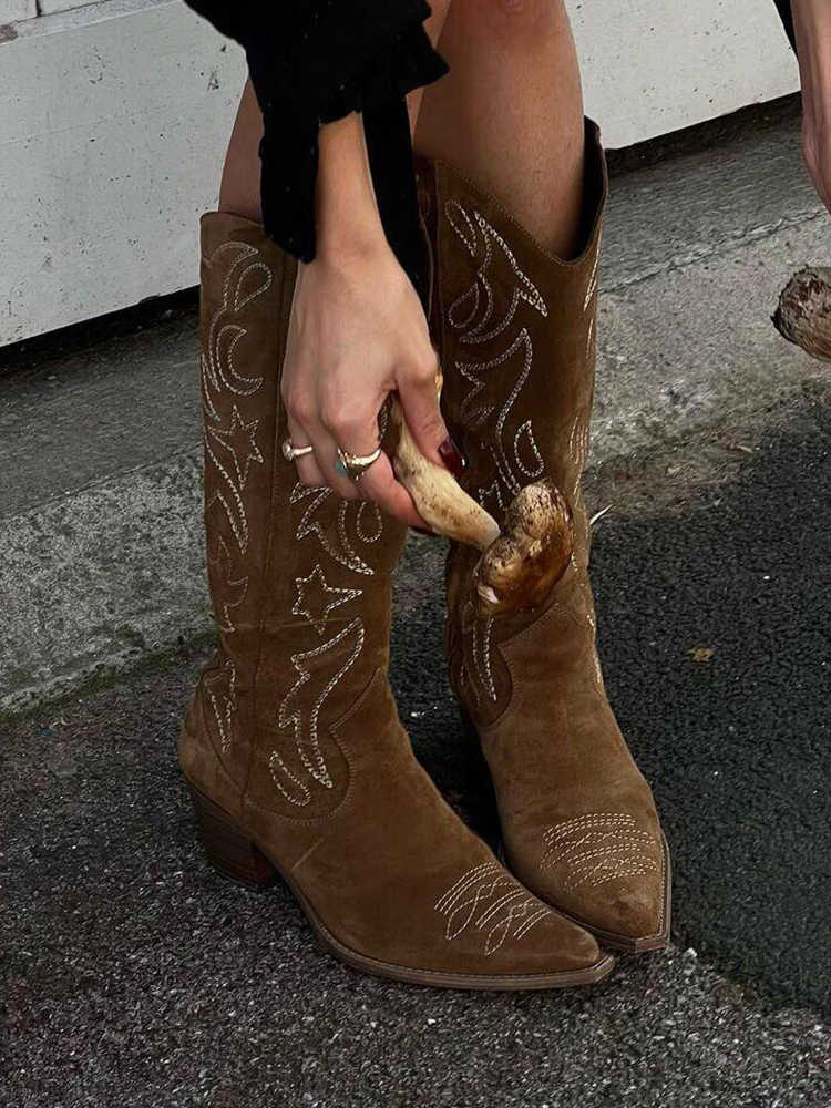 Ashore Western Shop rich brown suede western-embroidered cowgirl high brown boots
