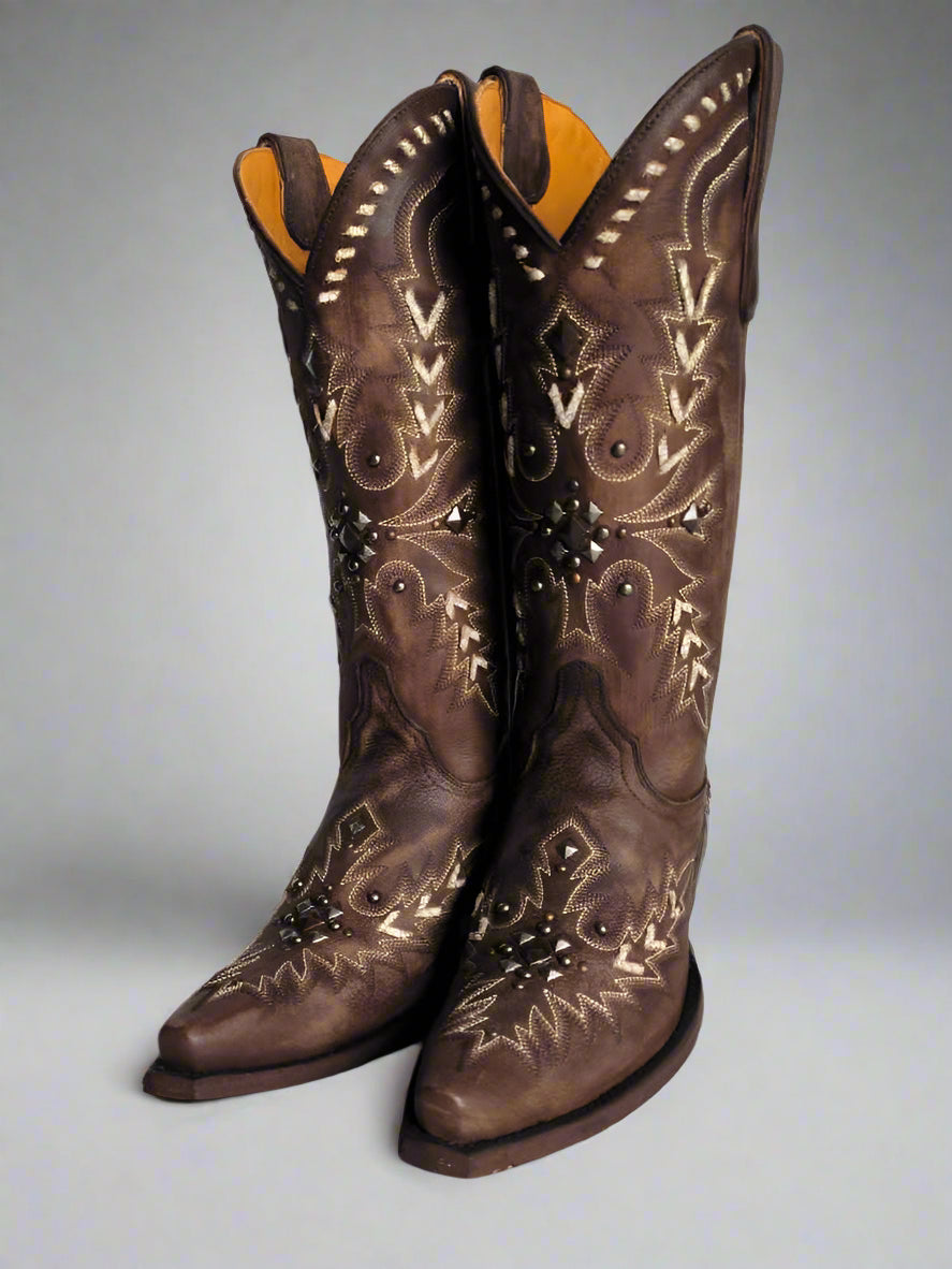 Ashore Western Shop  rich brown leather finish with intricate white embroidery cowgirl high brown boots (Copy)