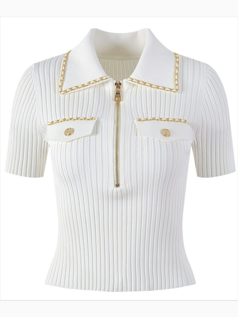 Ashore Boutique 2023 Summer Luxury Chain Design Polo Collar Slim Short Women Y2K Mini