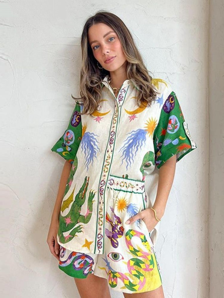Ashore Shop Matching Sets Summer Animal Printed Women Shirt Shorts Suit Beach Holiday Casual