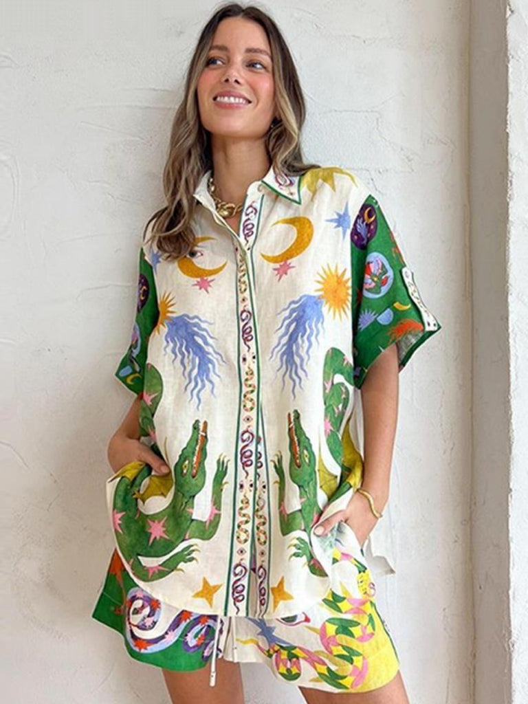 Ashore Shop Matching Sets Summer Animal Printed Women Shirt Shorts Suit Beach Holiday Casual