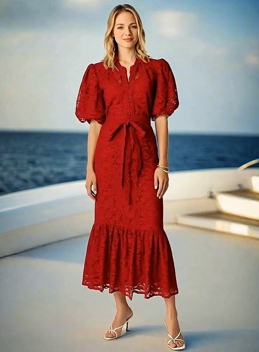 Red_Puffy_Short_Sleeve_Long_Lace_Dresses