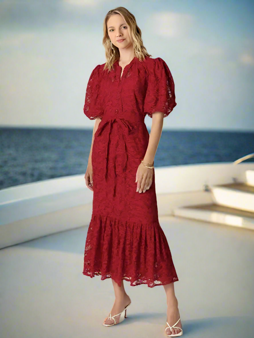 Red_Puffy_Short_Sleeve_Long_Lace_Dresses