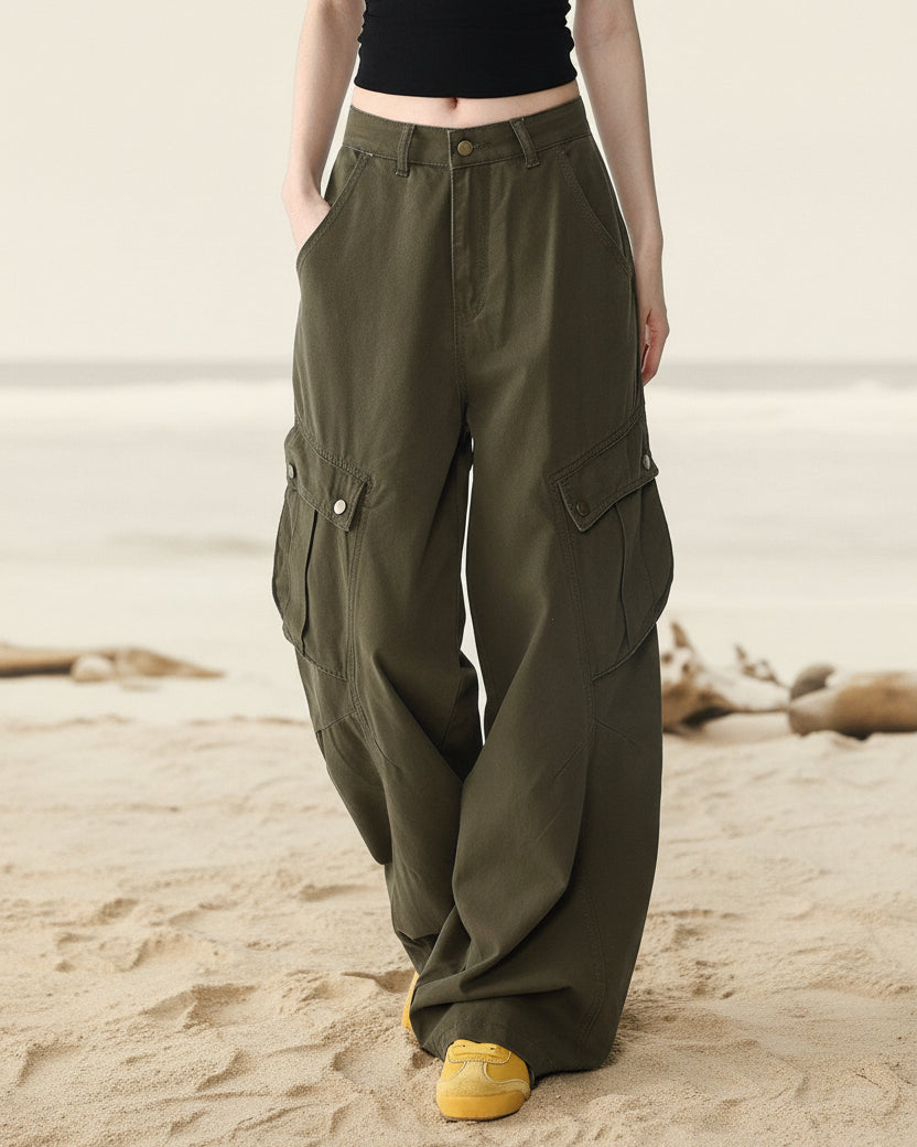ASHORE Shop Khaki Chino-style Cargo Pants Fashion Utility Style