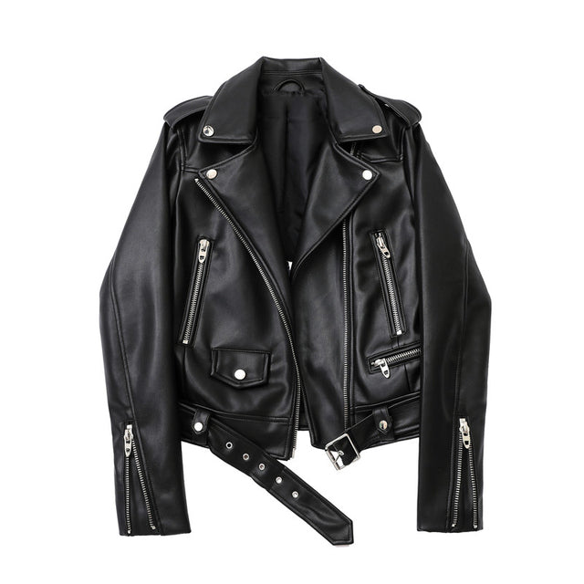Womens Autumn 2023 PU leather Motorcycle jacket with belt
