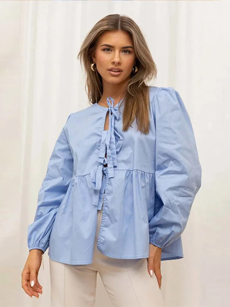 Summer-blouse-Bow-Tied-Lace-Up-Shirt-Women-Long-Puff-Sleeve-O-neck-Blouses-10