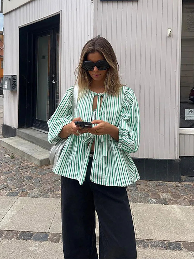 Summer-blouse-Bow-Tied-Lace-Up-Shirt-Women-Long-Puff-Sleeve-O-neck-Blouses-green