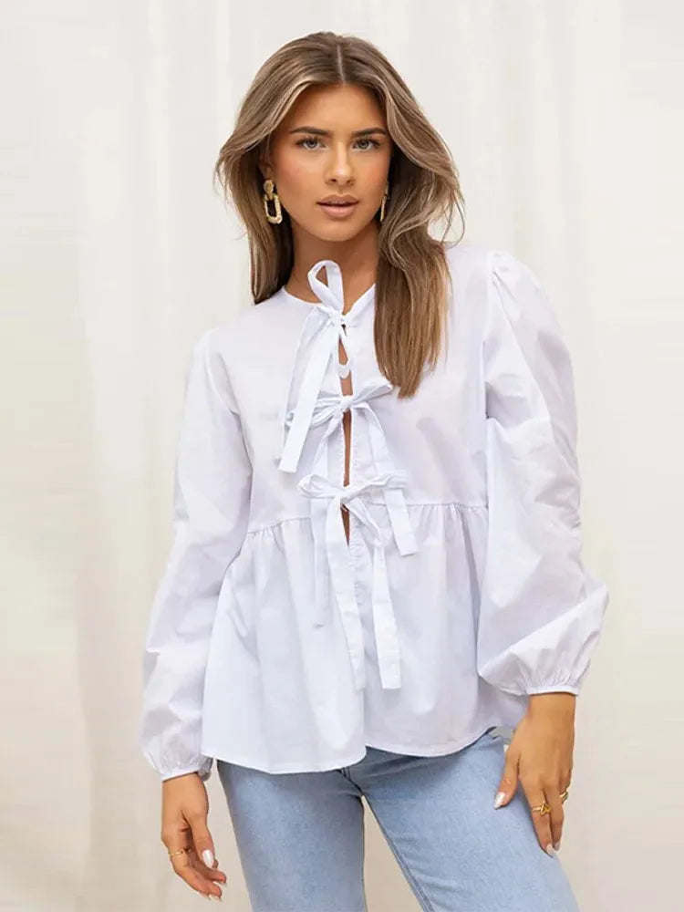 Summer-blouse-Bow-Tied-Lace-Up-Shirt-Women-Long-Puff-Sleeve-O-neck-Blouses-summer-blouse