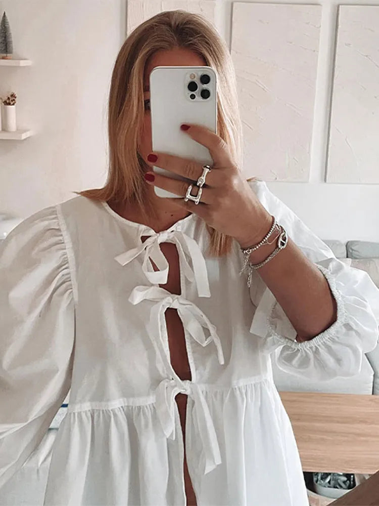 Summer-blouse-Bow-Tied-Lace-Up-Shirt-Women-Long-Puff-Sleeve-O-neck-Blouses-white