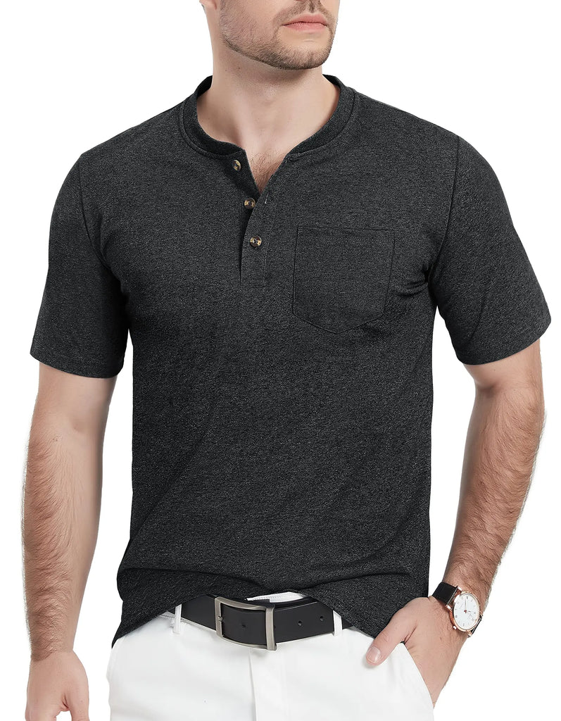 Summer Mens Cotton Henley T-shirts Casual Short Sleeve Tee Shirts-11