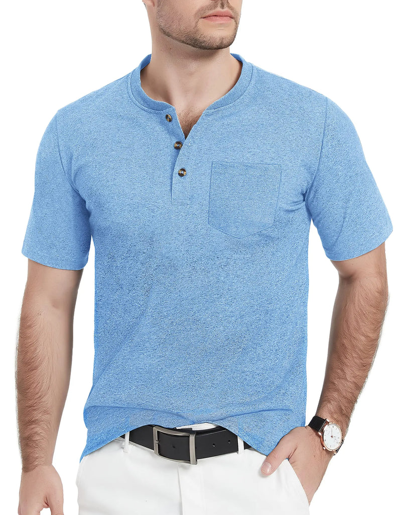 Summer Mens Cotton Henley T-shirts Casual Short Sleeve Tee Shirts-12