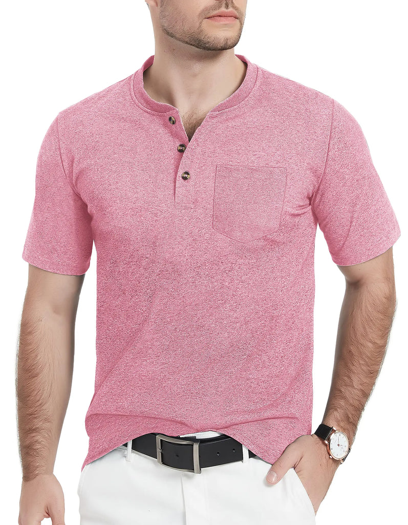 Summer Mens Cotton Henley T-shirts Casual Short Sleeve Tee Shirts-14