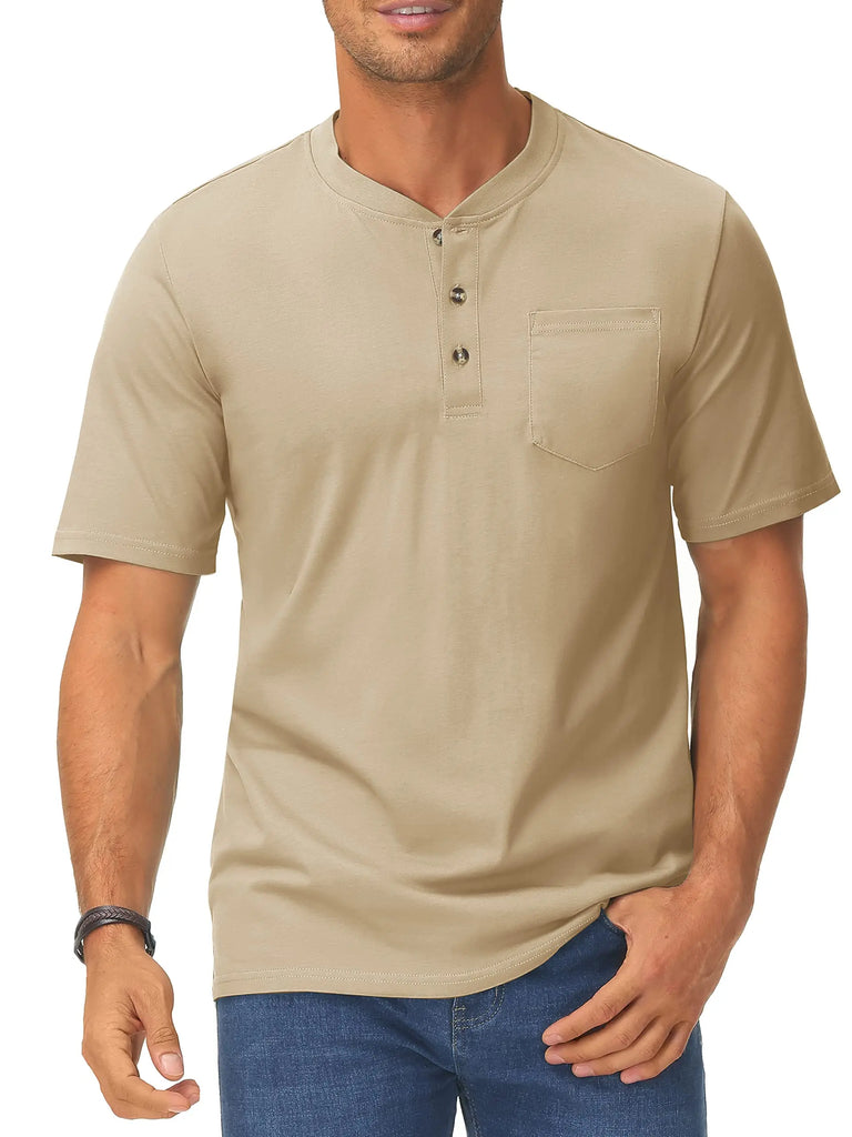 Summer Mens Cotton Henley T-shirts Casual Short Sleeve Tee Shirts-15