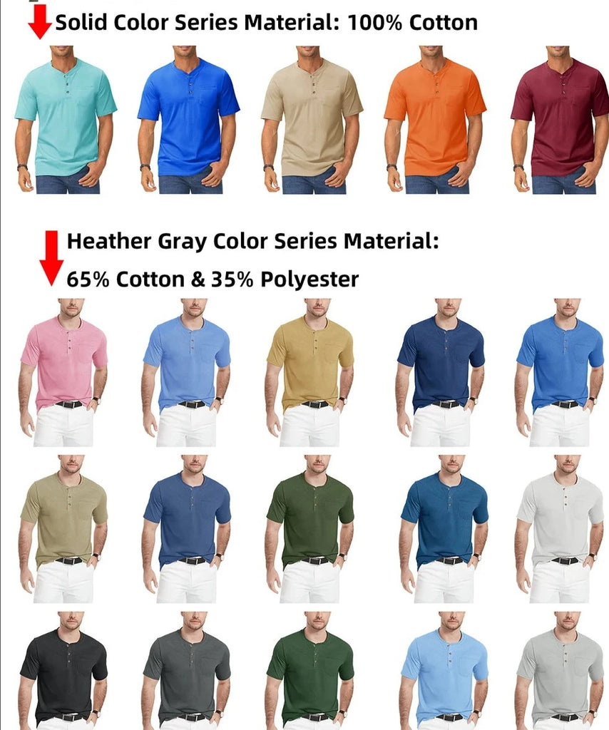Summer Mens Cotton Henley T-shirts Casual Short Sleeve Tee Shirts-23